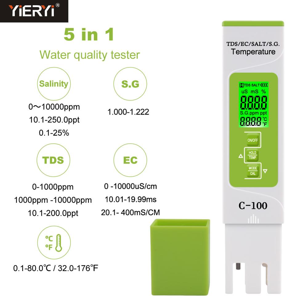 Yieryi 5 In 1 Tds/Ec/Zoutgehalte/S.G./Temperatuur Meter Digitale Water Monitor Tester Voor Zwembaden, Drinkwater, Aquaria