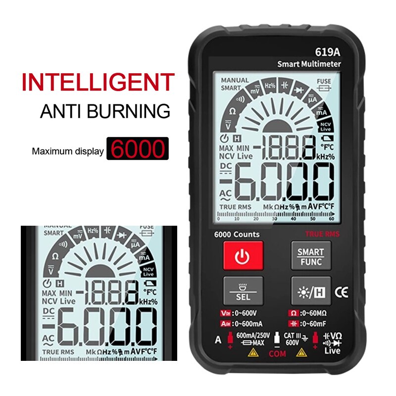 Digital Multimeter AC/DC Currents Voltage Testers True RMS 6000 Counts Analog Bar Multimetro NCV Meter: Black