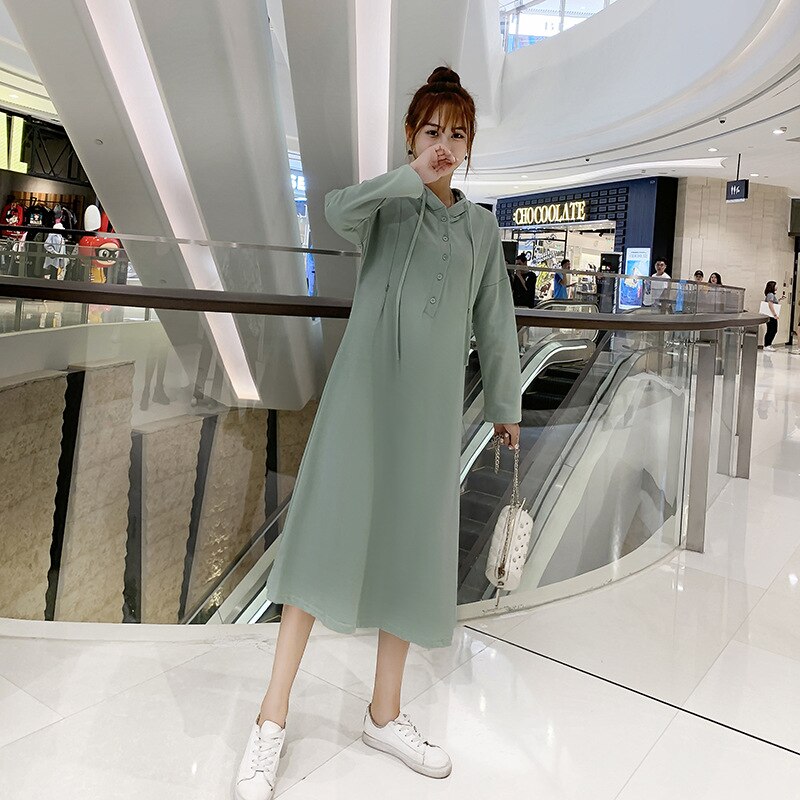 Koreansk stil løs afslappet barsel amningskjole til gravide ammekjole med langærmet hætteklædning