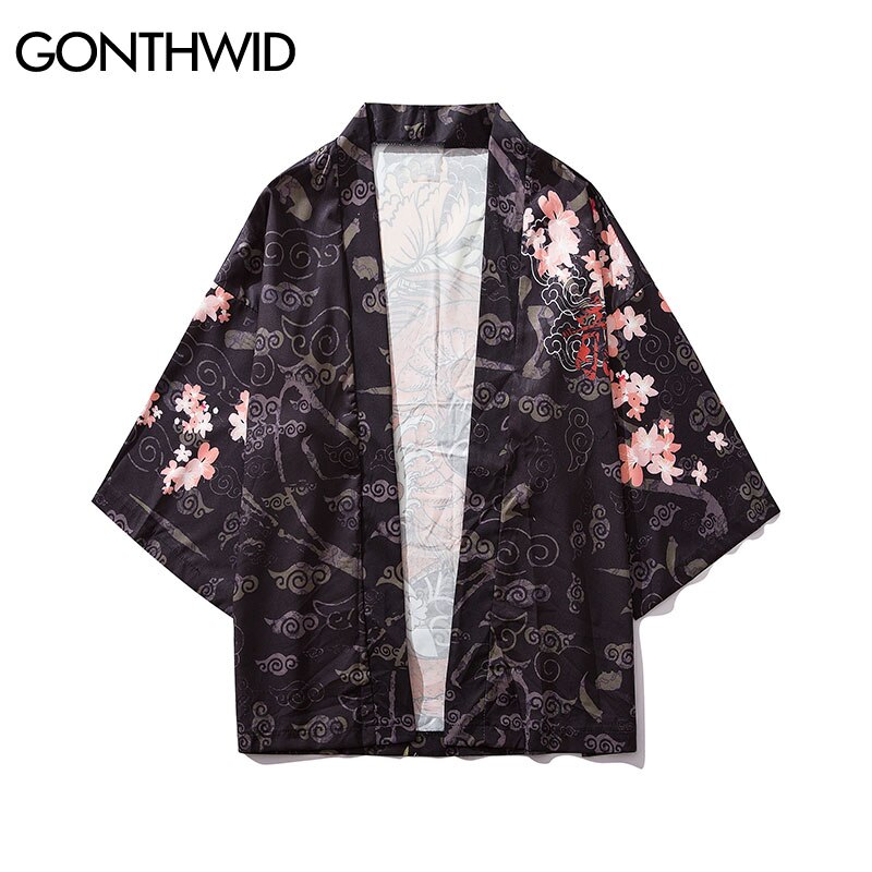 GONTHWID Harajuku Dragon Cherry Blossoms Flowers Print Kimono Cardigan Haori Jackets Streetwear Japanese Style Open Front Coats