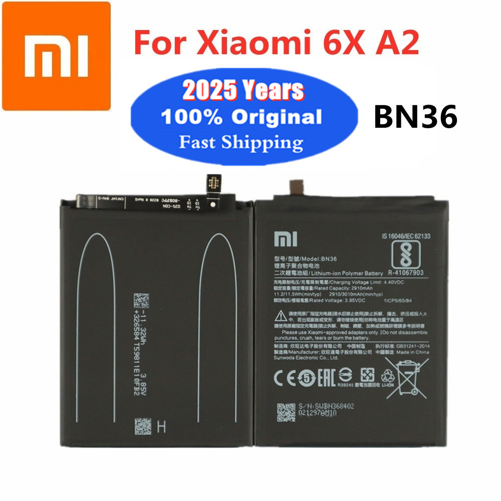 Years BN36 Original Battery For Xiaomi Mi 6X A2 Mi6X MiA2 3000mAh Phone Batteries Bateria Fast + Tools: GRAY