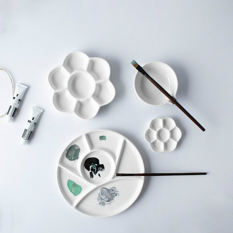 2 Piece Simple Ceramic Multi-grid Palette Watercolor Painting White Porcelain Color Palette Art Supplies