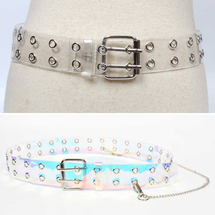 cinturón de PVC de dos filas para mujer, hebilla de doble Pin, cinturones transparentes de cintura blanca para mujer, cinturón para Vestido vaquero para mujer