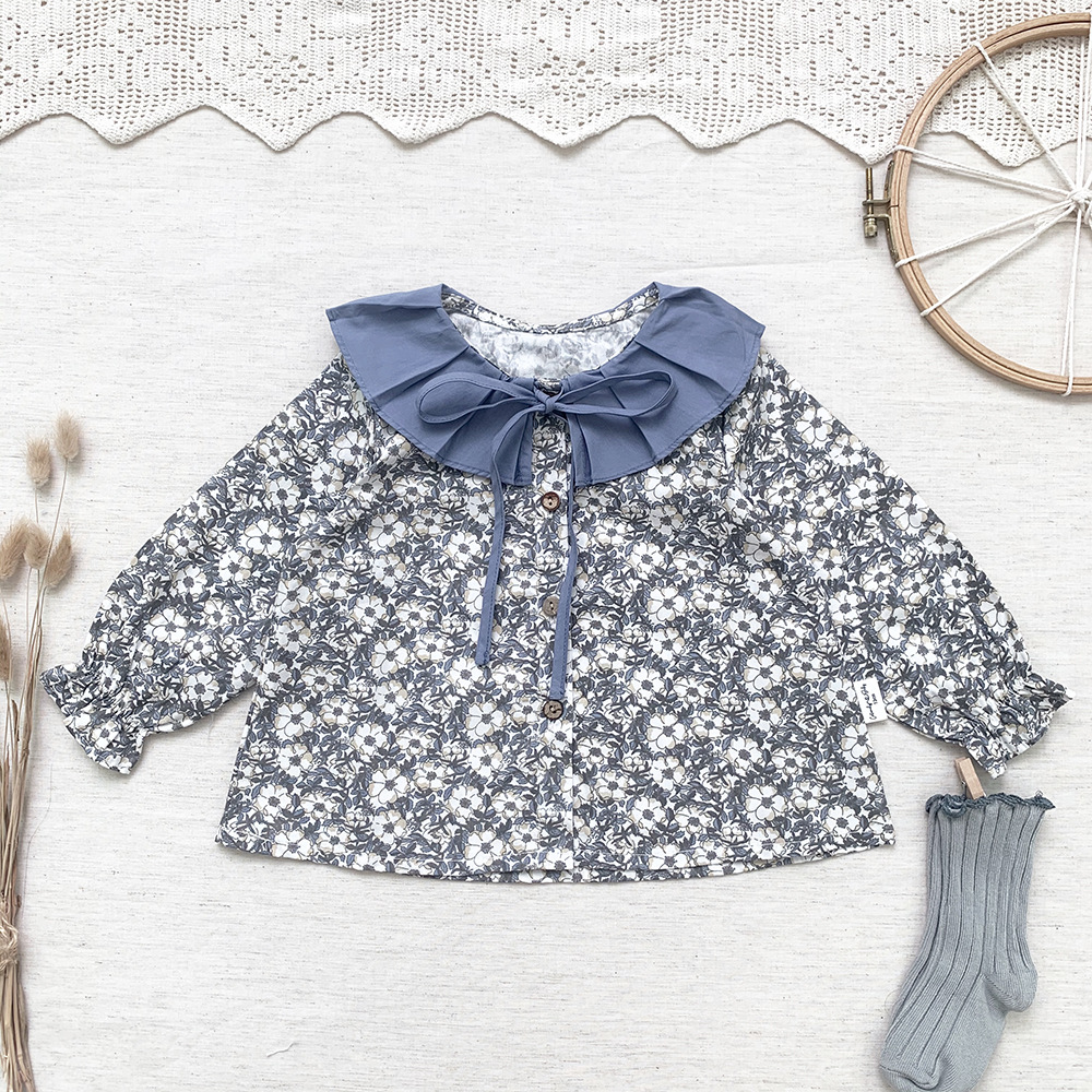 Chemisier Vintage à col plissé pour fille, vêtement en coton, Style marin, motif Floral, pour enfant en bas âge, printemps-automne: 6-12 Months