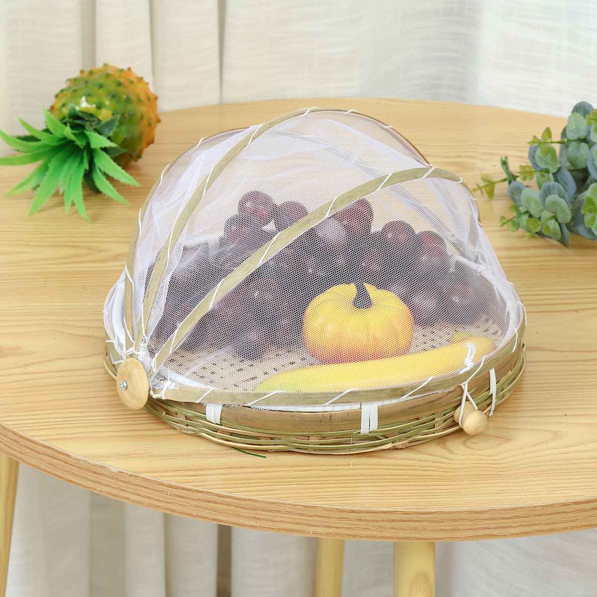 Outdoor Picnic Handmade Bamboo Woven Bug Proof Wicker Basket Dustproof Fruit Tray Food Bread Dishes Cover Gauze Panier Osier
