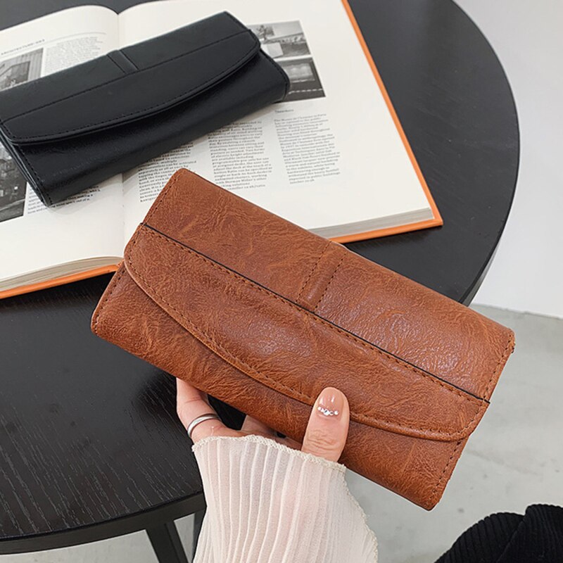 Vintage Women's Wallet Tri-fold Pu Leather Wallet Long Wallet With Note Photo Card Compartment Hasp Pocket Purse For Ladies