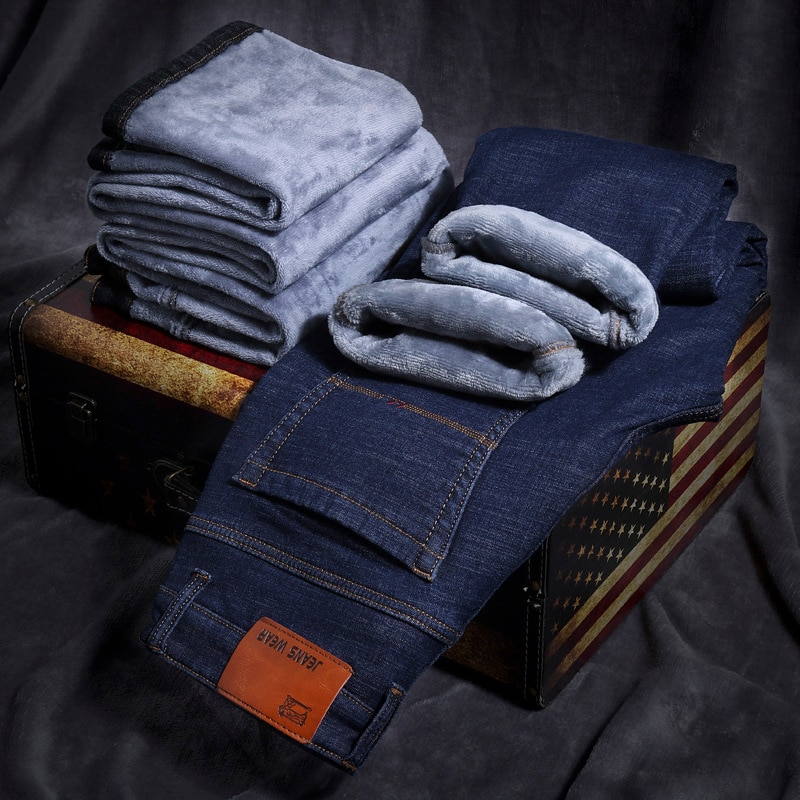 Mænd vinterjeans mænd sort slim fit stretch tykke fløjlsbukser varme jeans afslappede fleecebukser herre plus str.