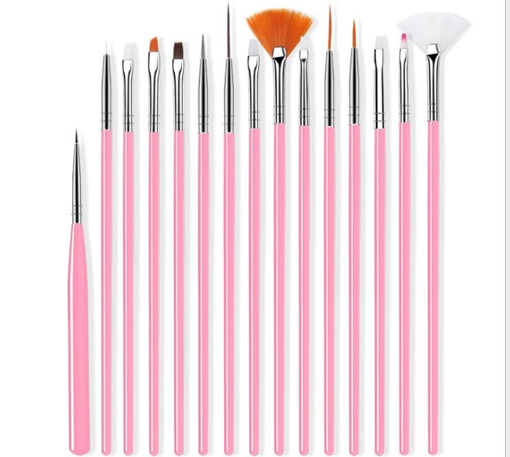 NAIL ART & BRUSHES 15 pcs Nail Art Brushes Set Liner Striping Brush for Strokes, Details Painting, Elongated Lines Pen: pink