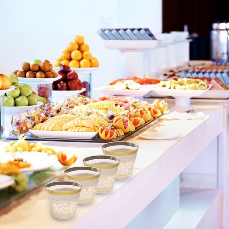 100 Gold Plastic Cups 9 Oz Clear Old Fashioned Tumblers Gold Rimmed Cups