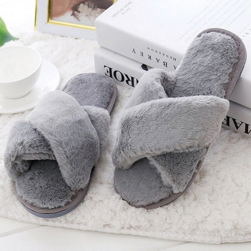 Pantuflas de peluche para el hogar para mujer, zapatos cálidos de invierno para mujer, zapatillas planas deslizantes para mujer, zapatillas de piel sintética 36-41 al por mayor: Gray / 36-37