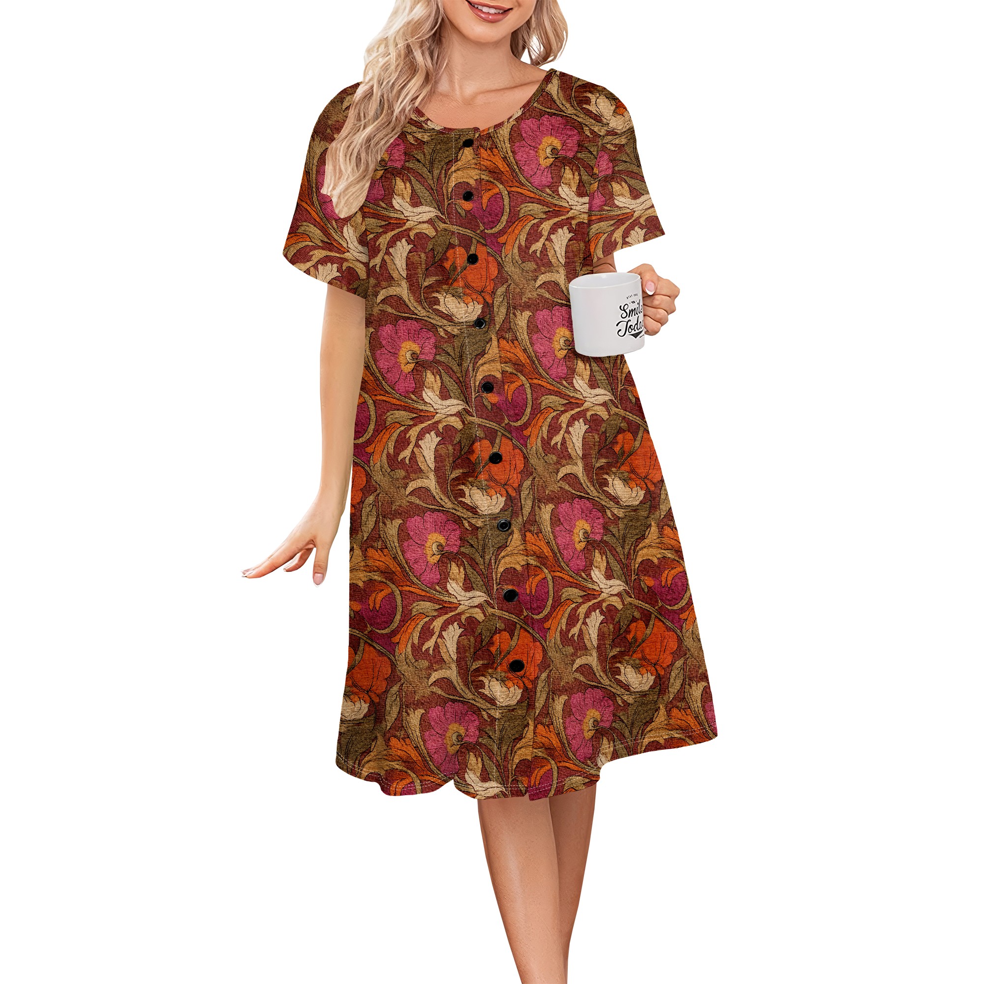 Blomsterprint sommerkjole dame afslappet kjole med knapper og korte ærmer s -3xl vintage blomstermønster: S / Champagne
