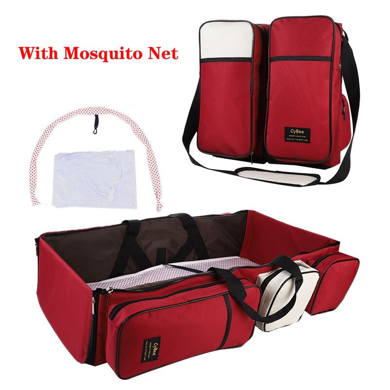 Baby rejse sammenklappelig seng bærbar bærbar mamma taske enkelt skulder mor og baby taske multifunktionel myggenet krybbe: Rød