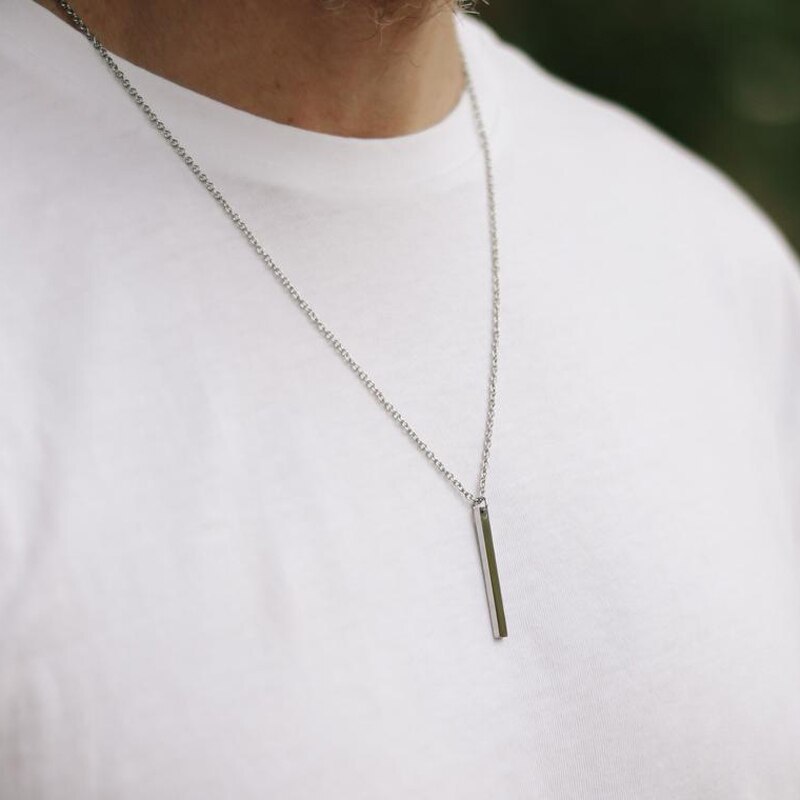 Hip Hop Men Stainless Steel Necklace Women Men Silver Color Long Chain Rectangular Pendant Necklace Statement Punk Choker
