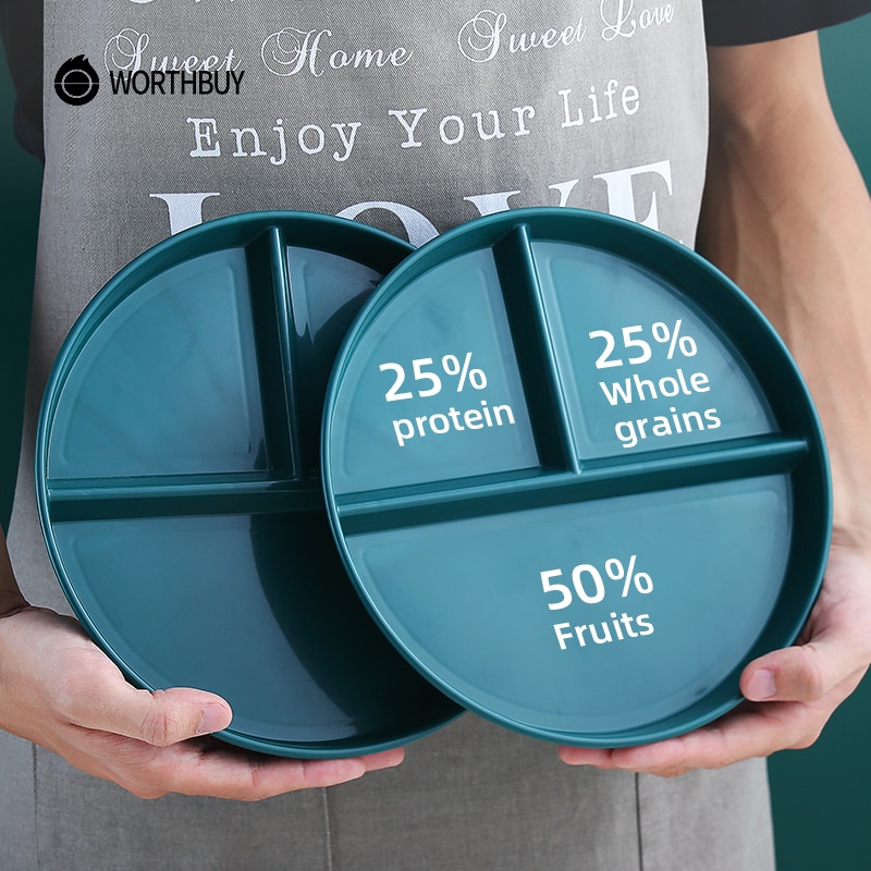 WORTHBUY Compartment Plate For Food Round Plastic Dinner Plates Kitchen Divided Plate Fruit Salad Plate Food Tray Dinnerware