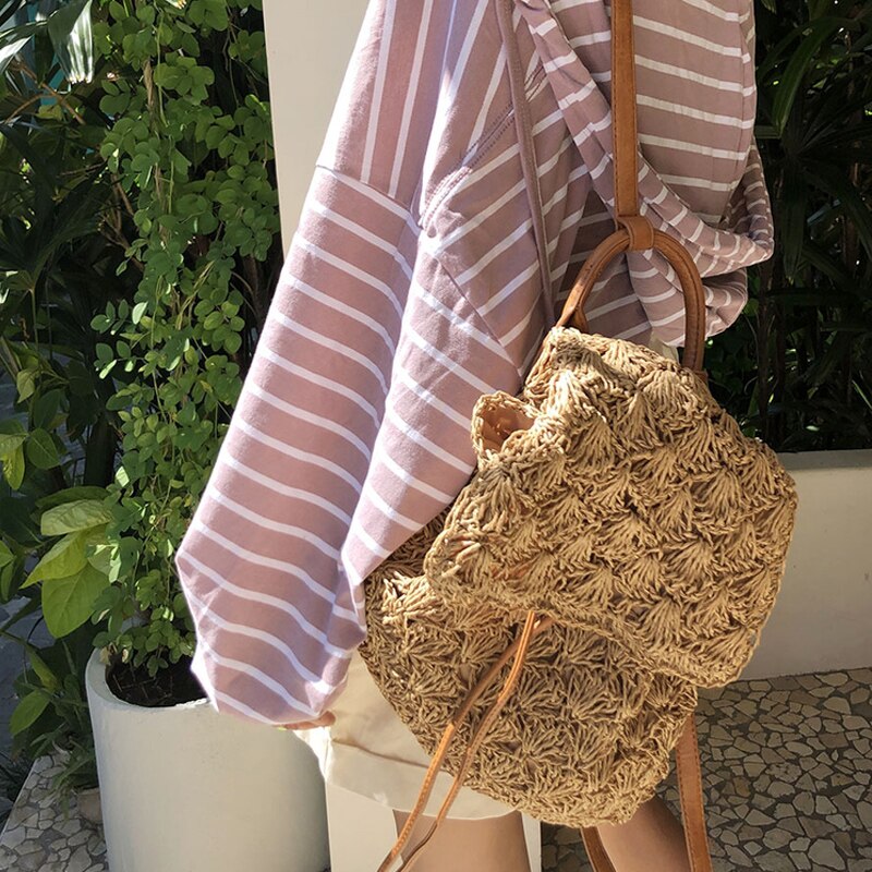Mochilas de paja huecas informales para mujer, bolsos tejidos de mimbre para playa, de ratán, de viaje, Bali, para verano,