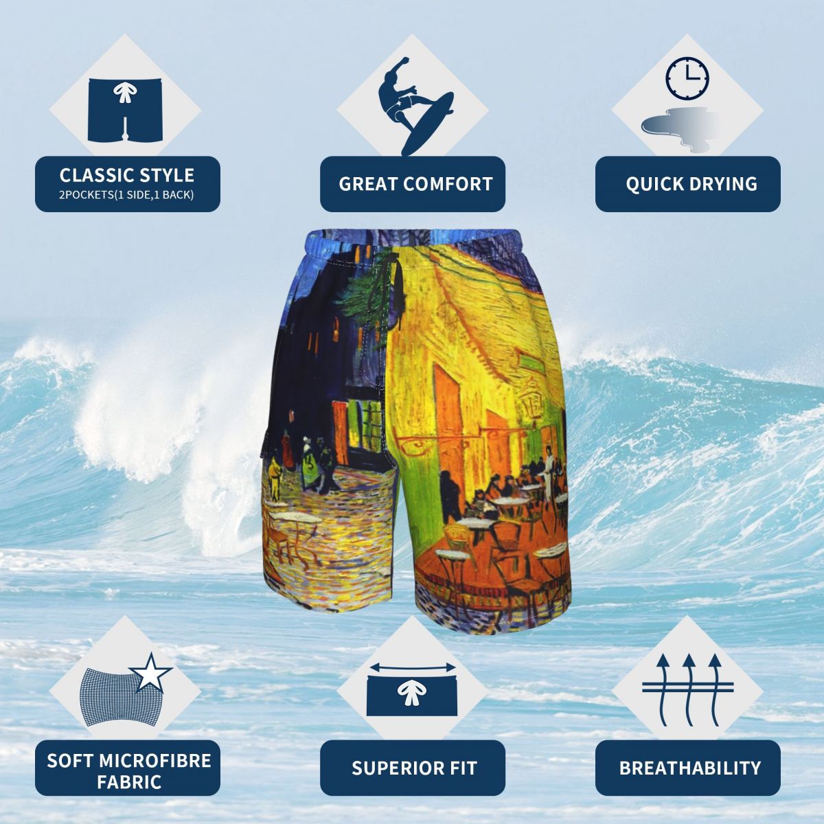 Pantalones cortos de tablero Van Gogh para hombre, Shorts de playa con estampado en , bañadores de talla grande, para cafetería y terraza por la noche