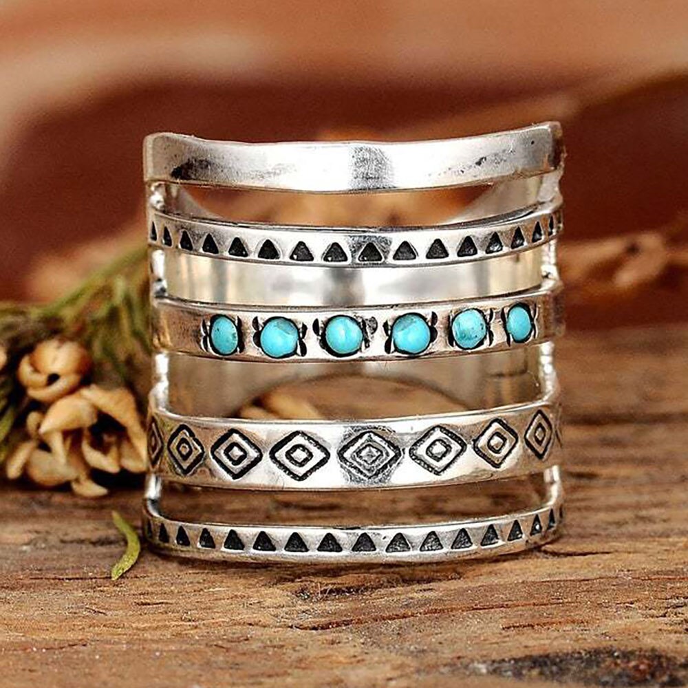 Antikke symboler mønster mosaikk stein hule geometriske ringe smykker til kvinner bredt ringbånd fingerledd ringe tilbehør: 8