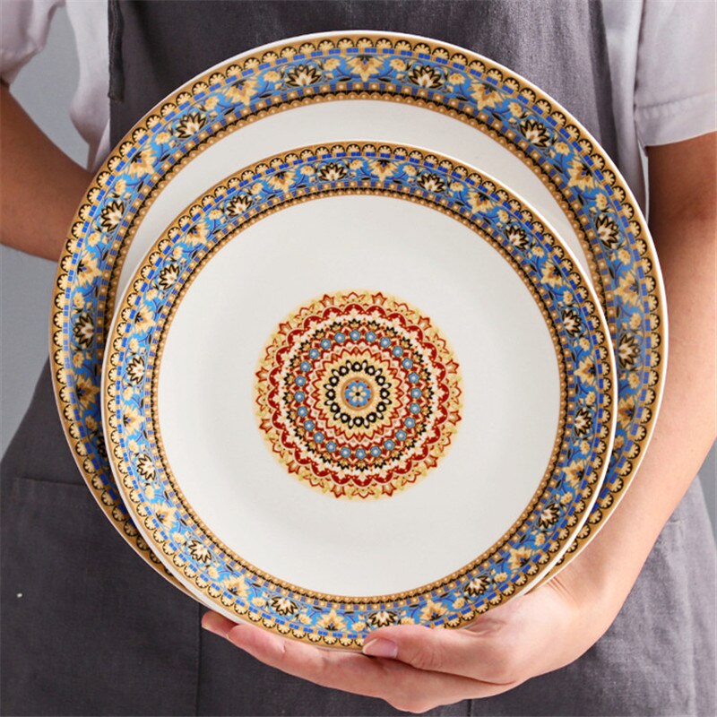 European Style Ceramic Bohemian Dinner Plate Hand Painted Dessert Fruit Plates Household Shallow Steak Dish Tableware