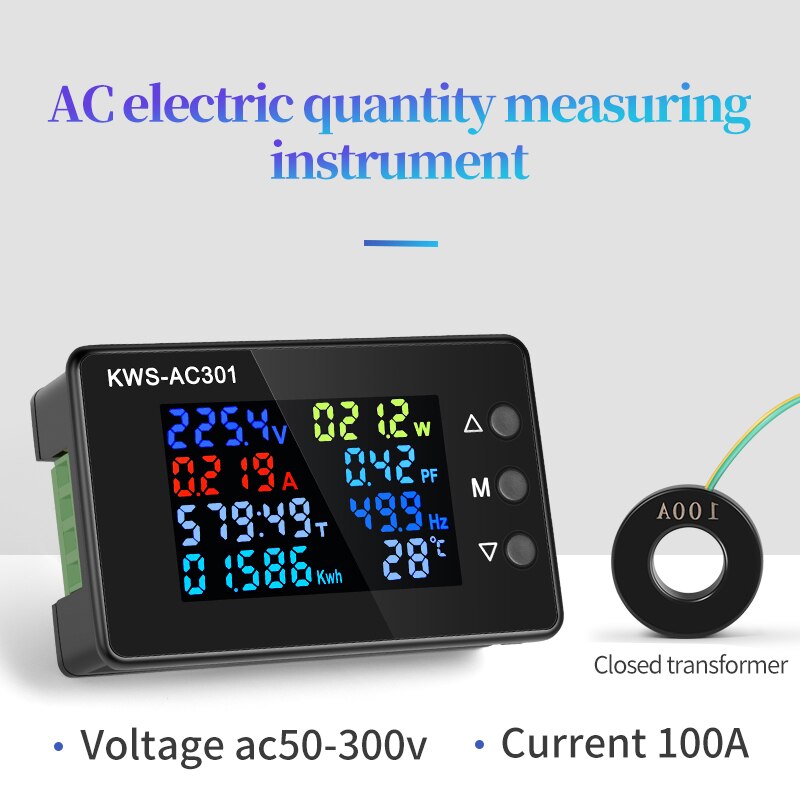 Voltímetro Digital de KWS-AC301, medidor de potencia eléctrica, vatímetro, analizadores de energía CA 50-300V, Detector de voltaje 0-100A 50-60HZ: 100A Close