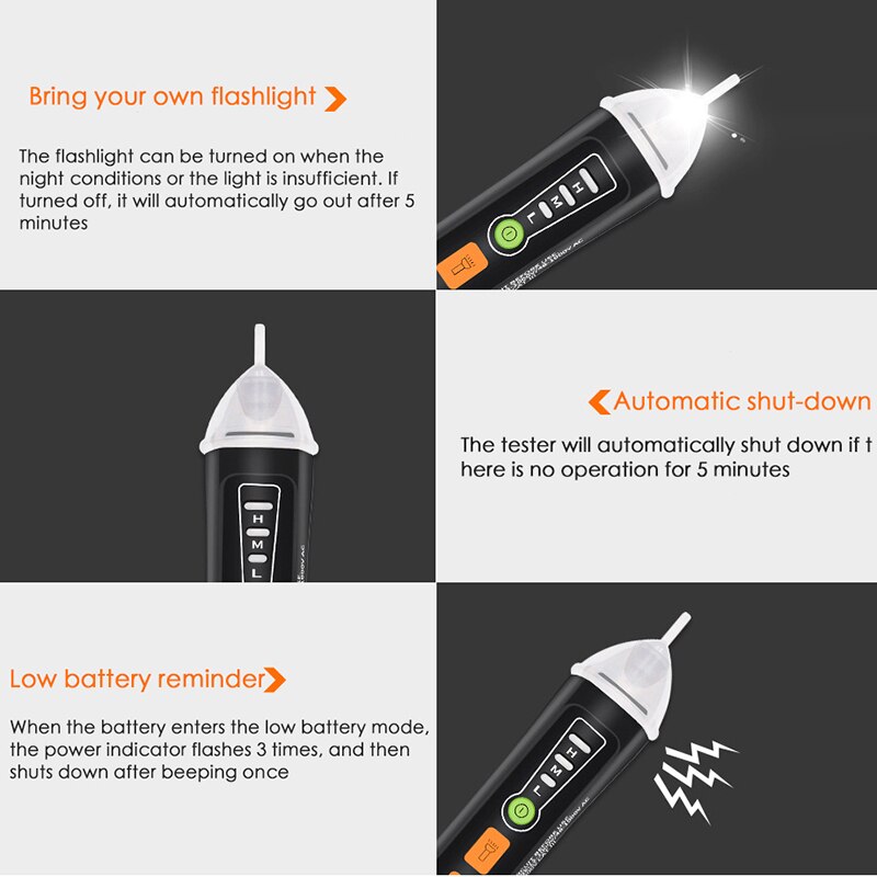 Non Contact Voltage Tester AC Electricity Detect Pen with Adjustable Sensitivity LCD Display LED Flashlight Buzzer Alarm