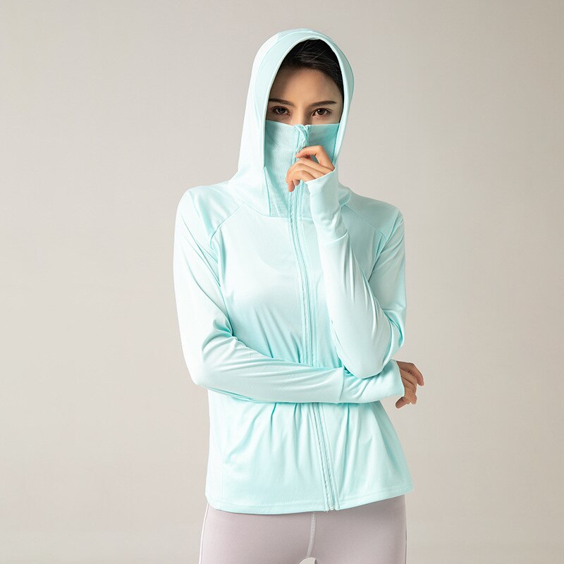 Chaqueta de protección solar para mujer, ligera, transpirable, con cremallera elástica, para correr al aire libre, traje de fitness con capucha, resistente al sol, camisa deportiva a prueba de viento