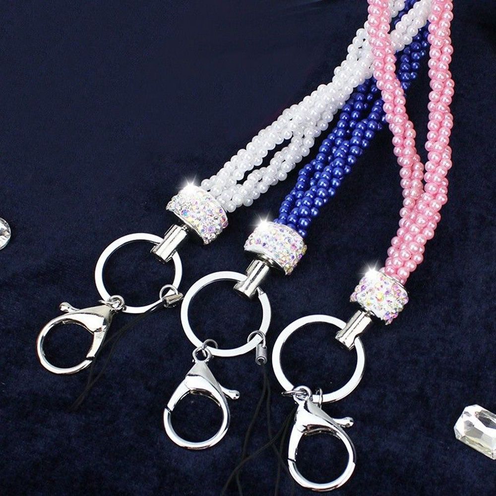 1PCS Rhinestone Bling Lanyard Crystal Pearl Neck Strap Key Ring Cell Phone Badge ID Holder For Camera USB Keycord Keychain