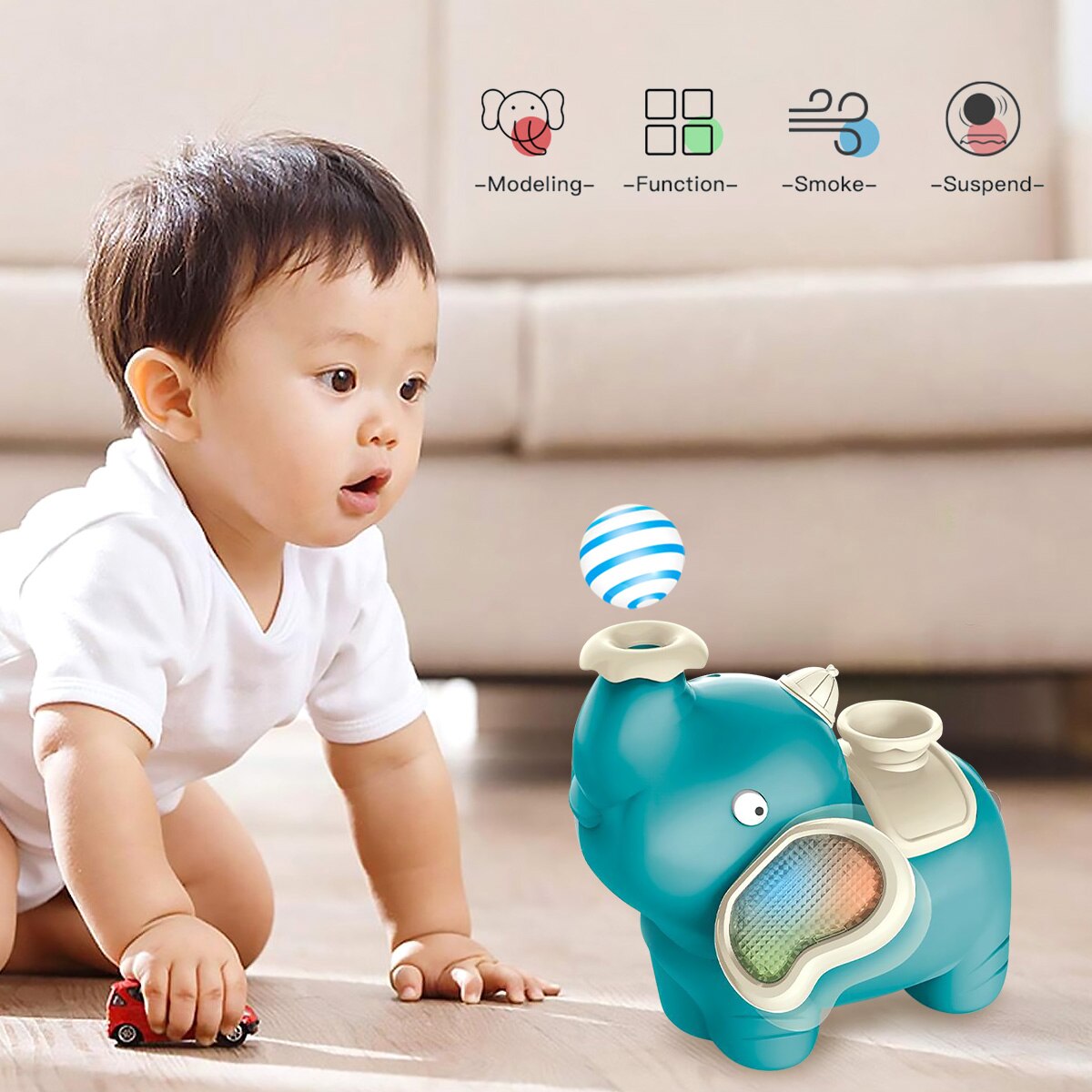 Balle flottante d&#39;éléphant pour enfants, jouets avec musique légère, humidificateur à effet de fumée, jeu interactif pour bébé rampant