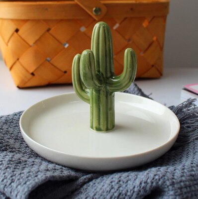 Dekorativ kaktusplade fad keramisk ringholder smykker arrangør kage slik opbevaringsplade bakke kaktusindretning: Grøn