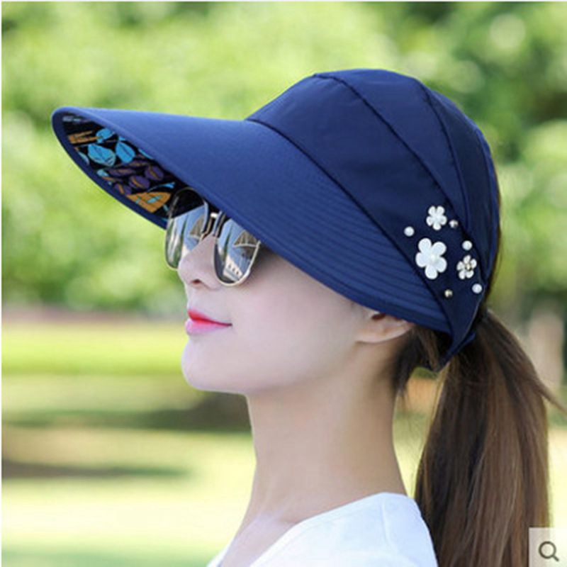 Kvinner solhatt sommer strand uv reise beskyttelseshette damer sammenleggbar floppy lue uformell hestehale hatter med bred brem: Marineblå