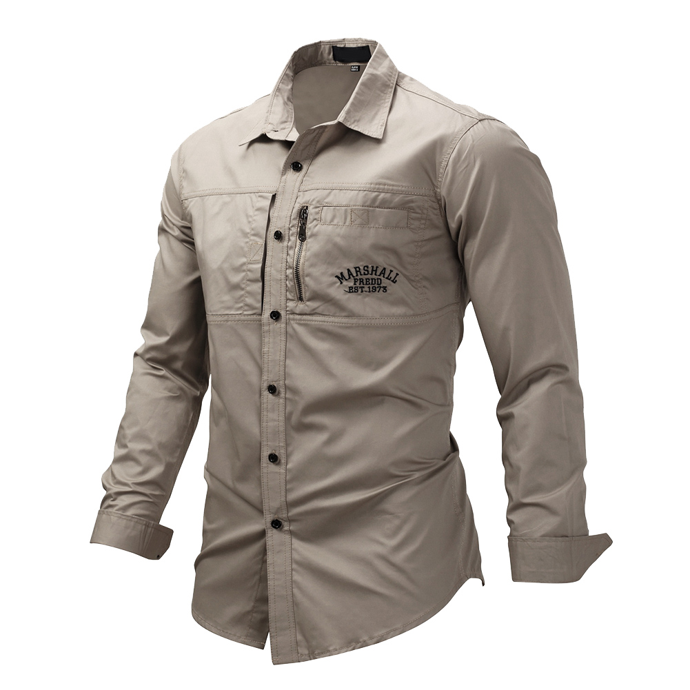 Lente Herfst Mannen Shirt Lange Mouw Effen Kleur Revers Rits Shirt Outdoor Casual Shirt Grote Maat