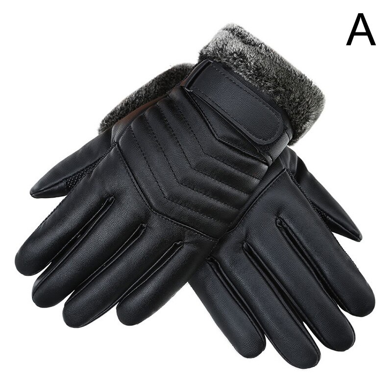 Winter Men Warm Hand Gloves Waterproof Faux Leather Touch Screen Mittens Black Driving Ski Gloves: A