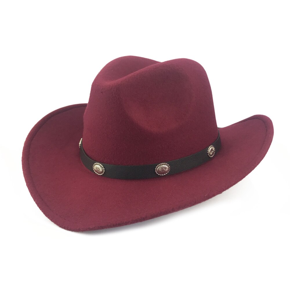YY-gorra clásica de vaquero occidental para hombre y mujer, sombrero con cinturón de cuero pu, gorros de Jazz para vaquera, 9 colores, CB20070: Wine Cowboy Cap