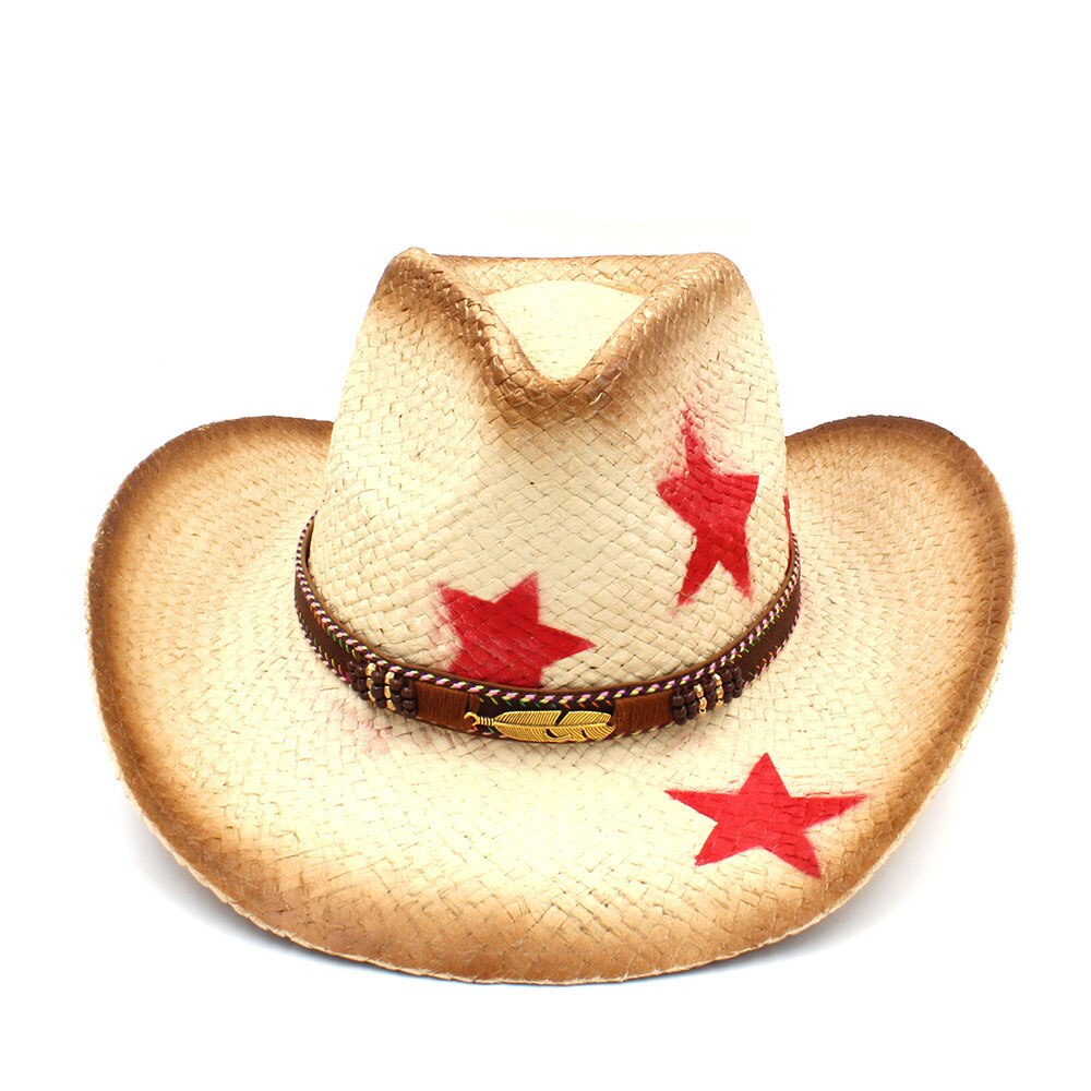 Kvinder mænd halm vestlige cowboy hat med punk blade band stjerne dame far sombrero hombre cowgirl jazz caps størrelse 58cm: C7 hul