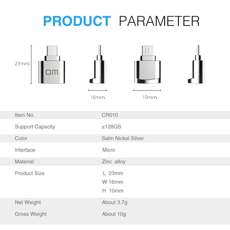 DM CR010 OTG Leitor de Cartão Micro SD/TF Leitor de Cartão Multi Memória para Andriods smartphones com Micro interface USB