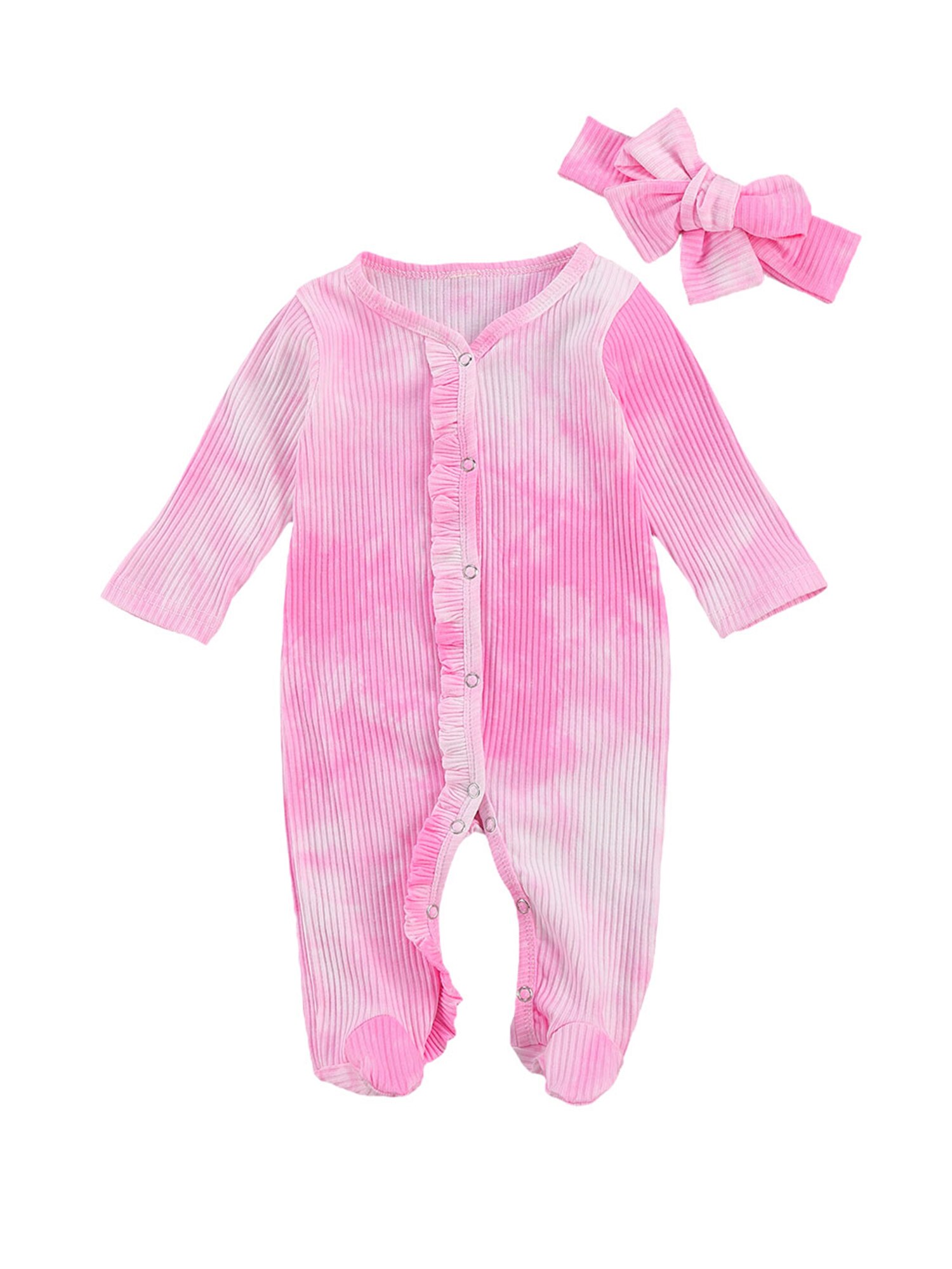 Newborn Infant Baby Boys Tie dye Romper Cotton Cute Cartoon Print Long Sleeve Jumpsuit+Hat 2 Pcs Toddler Baby Clothes Outfits: Pink / 80