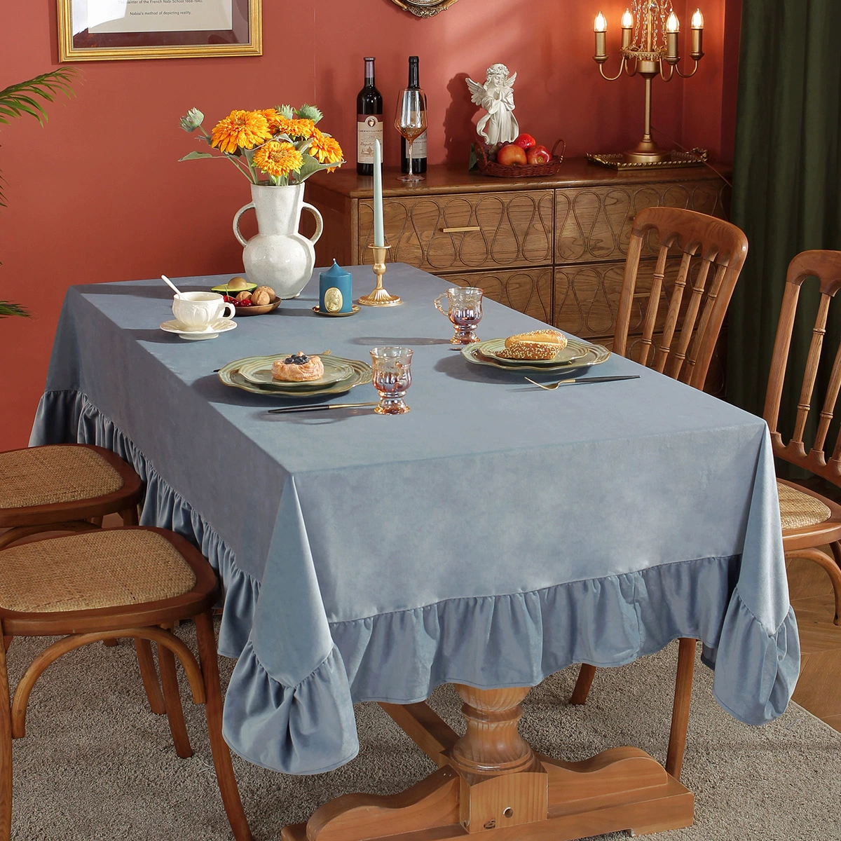 Velvet Tablecloth Luxurious Solid Rectangle Table Cloth,Oblong Retro Farmhouse Ruffle Tablecloth Washable Table Cover for Table: Blue / 132*132cm