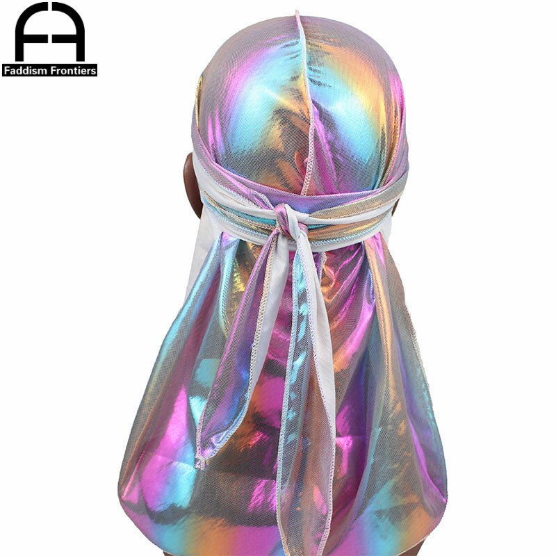 Menns fargerike glitrende durags turban bandanas menn skinnende silkeaktig durag hodeplagg hodebånd hårdeksel tilbehør bølgekapper kluter lue: Hvit