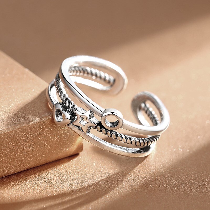 925 Sterling Silber Ring Hohl Frau Modeschmuck Einstellbare Ring retro Herz geformt thailändisch Silber Schwarz