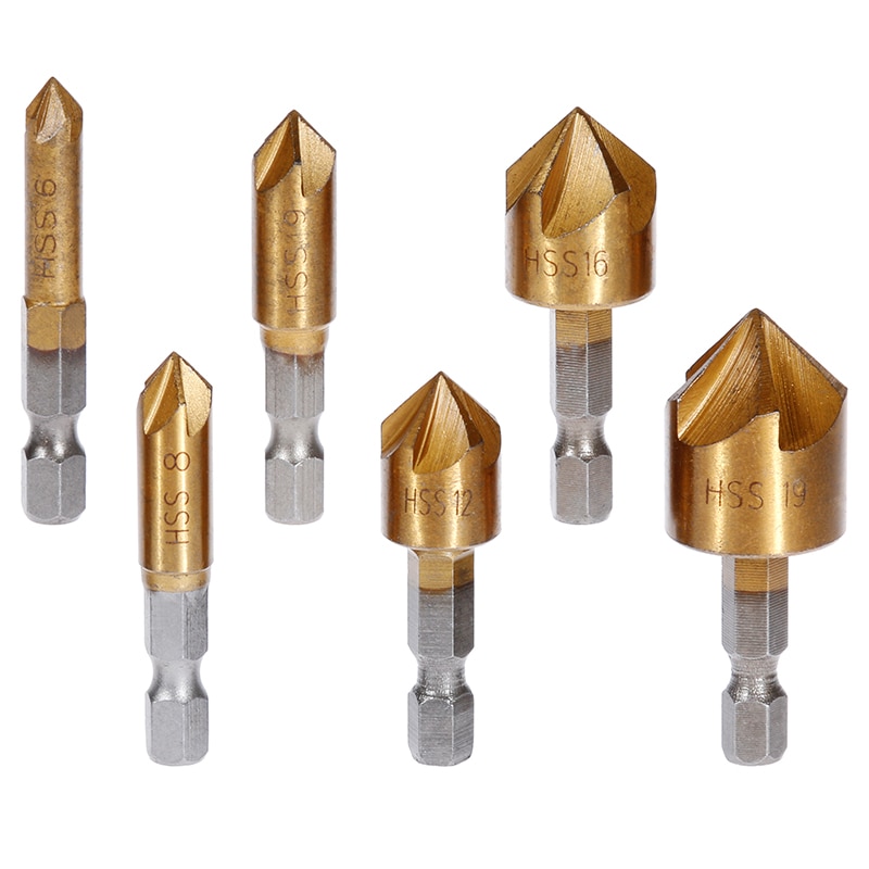 Vastar 6 pièces fraise jeu de forets 1/4 ''tige hexagonale HSS 5 cannelure fraise 90 degrés bois chanfreinage chanfrein 6mm-19mm