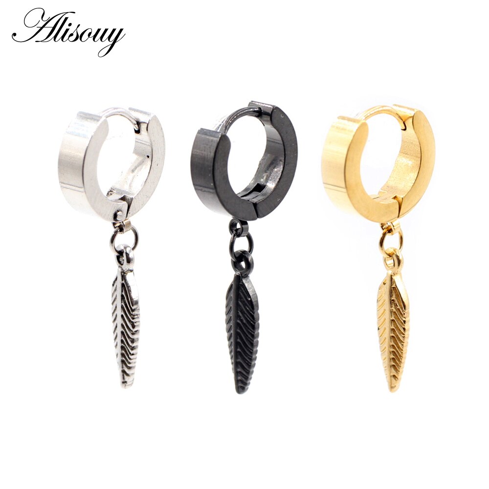 Alisouy 2 Stuks Punk Rvs Stud Huggie Oorringen Voor Vrouwen Mannen Leaf Feather Dangle Oorbellen Hiphop Goth Oor oorbellen