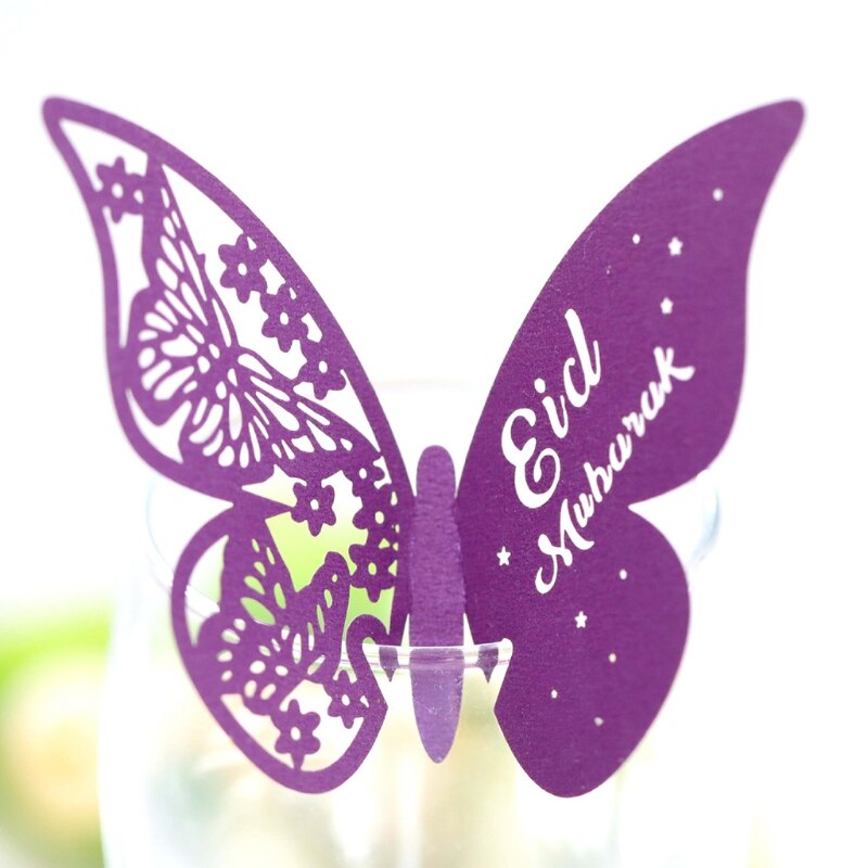100Pcs 3D Vlinder Nummer Naam Papier Plaats Kaarten Wine Glass Cup Card Eid Mubarak Ramadan Wedding Party Decoratie