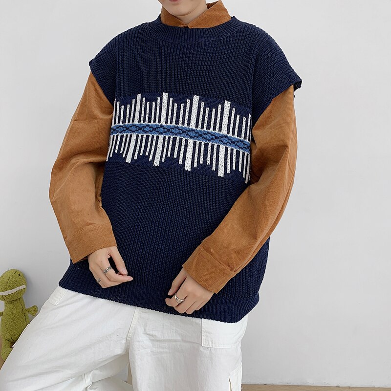 Mannen Trui Vest Print Losse Gebreide Harajuku Eenvoudige Lente Herfst Mannetjes Leisure Chic Trendy Uitloper Koreaanse Stijl Mode: dark blue / L