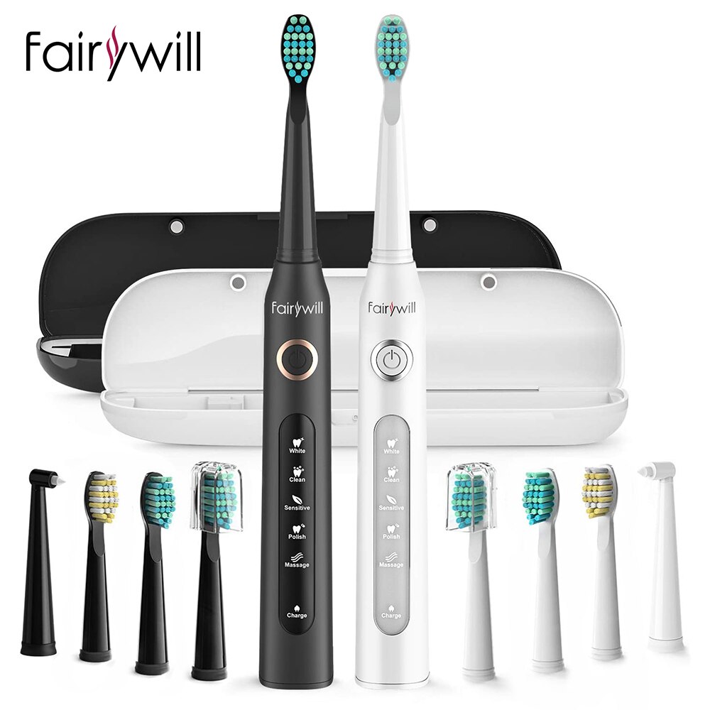 Fairywill Electric Sonic Toothbrush FW-507 USB Charge Waterproof Rechargeable Electronic Tooth 8 Brushes Replacement Heads Adult: FW-507-420-BW-Set