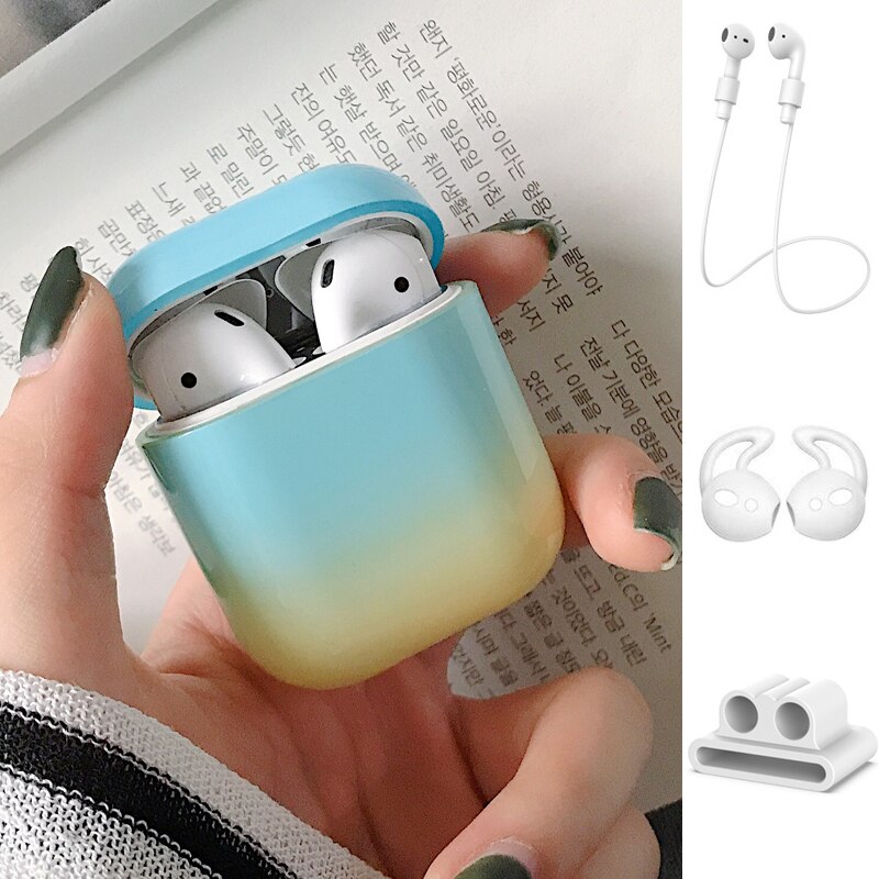 1/5PSC chiaro caso per caso sveglio di airpods Liscia gradiente della copertura per airpods 2 di tappo per orecchie Anti-perso rope copertura di caso di sport per airpods 2 caso: Set B Blue-Yellow