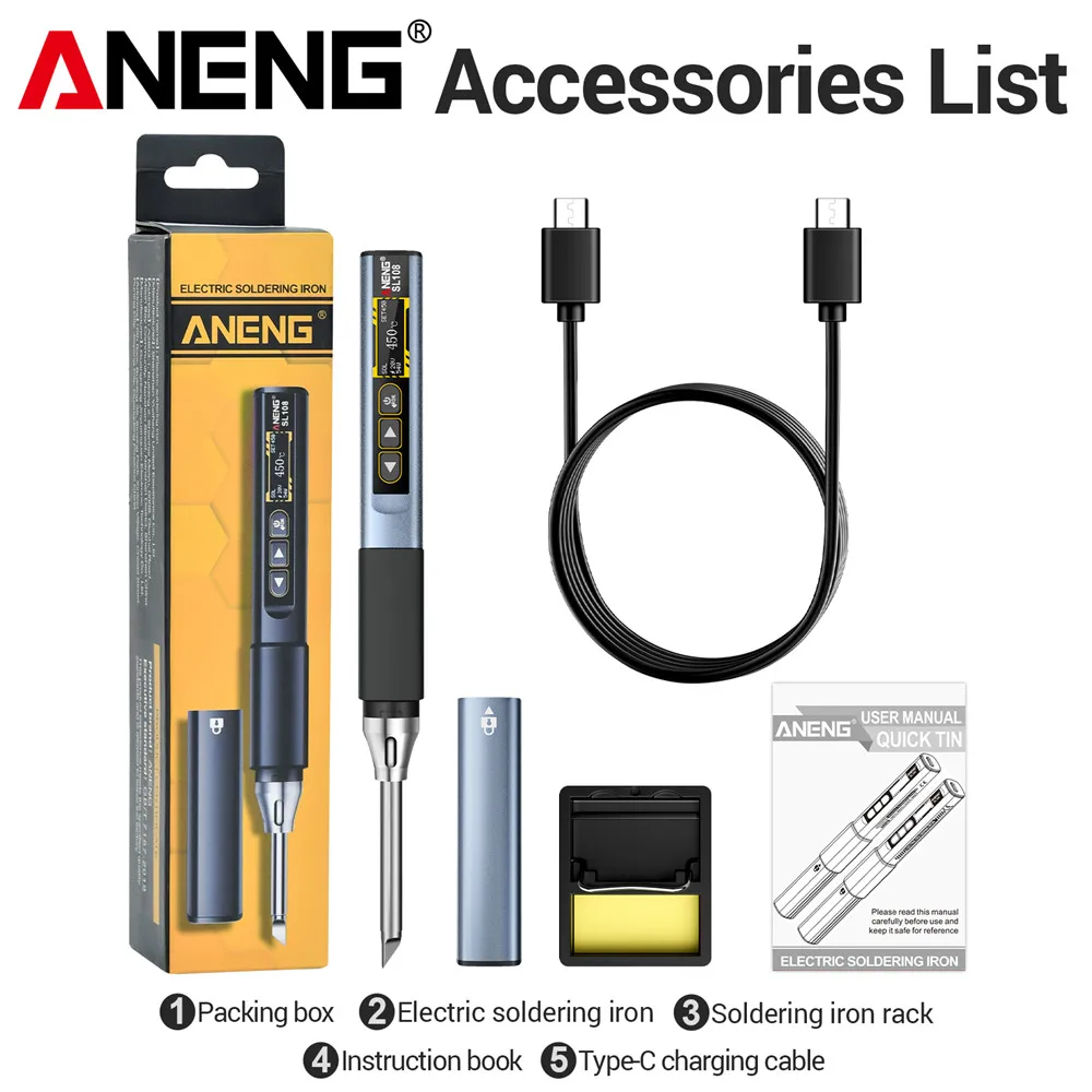 ANENG SL108 Electric Soldering Irons kit PD 96W QC Adjustable Temperature Fast Heat Portable Digital Smart Soldering Iron Tools: silver