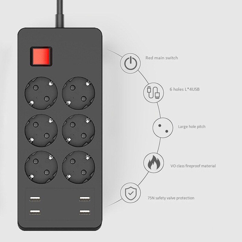 Elektrische Steckdosen Hause Outlet 6 Surge Protector Mehrere Verlängerung Steckdose mit 4 USB Port EU Stecker