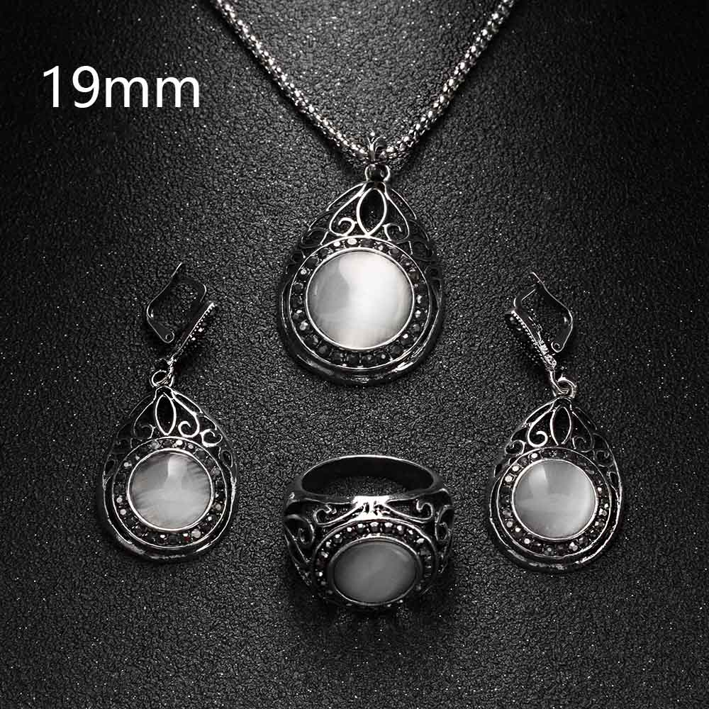 3 stks/set Vintage Verzilverd White Opal Hangers Ketting Retro Hollow Out Water & Ronde Natuursteen Sieraden Sets: 19mm