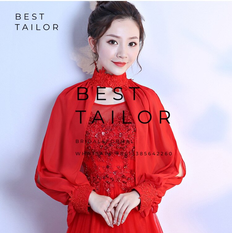 Kleuren beschikbaar! ivoor chiffon bruidsjassen bolero bruidsmeisjesjurken hoge hals split lange mouwen bruiloft accessoires: Rood