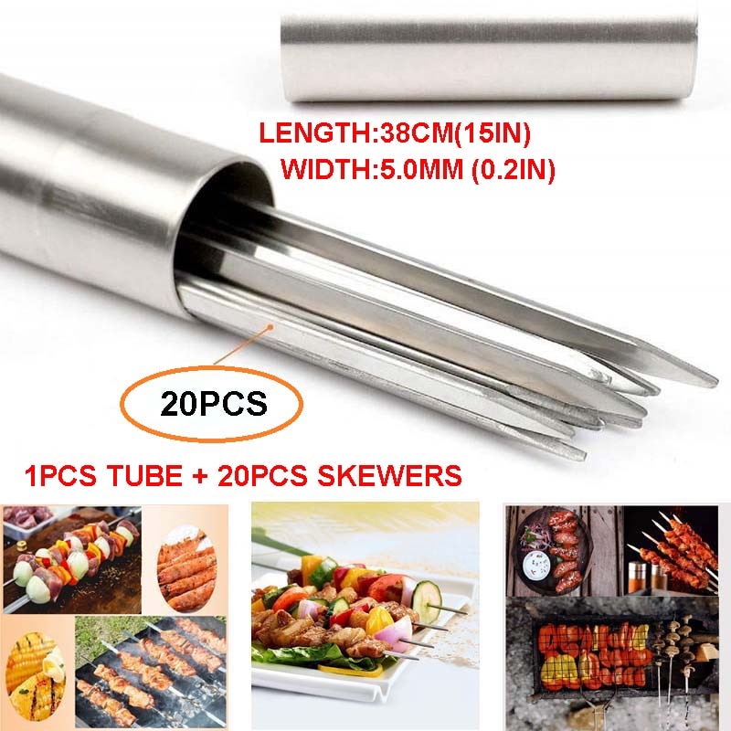 Pinchos planos de acero inoxidable para barbacoa, tubo de almacenamiento, varillas de aguja reutilizables para Shish kabob Grill, brocheta de 40CM y 5MM