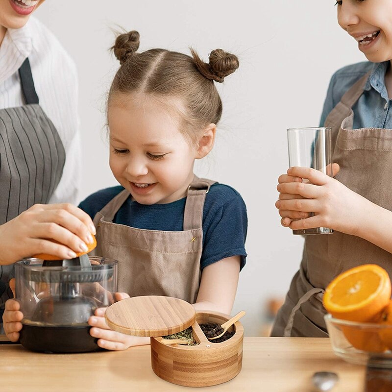Compartment Bamboo Salt Pepper Box With Magnetic Swivel Lids And 2 Pieces Mini Bamboo Spoons For Kitchen Tool